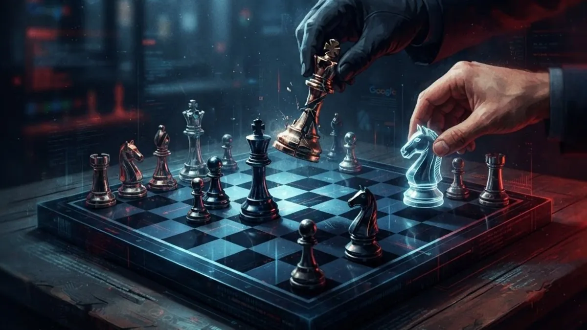 Abstract chessboard illustration representing Google AI leadership restructure with key pieces being moved and removed