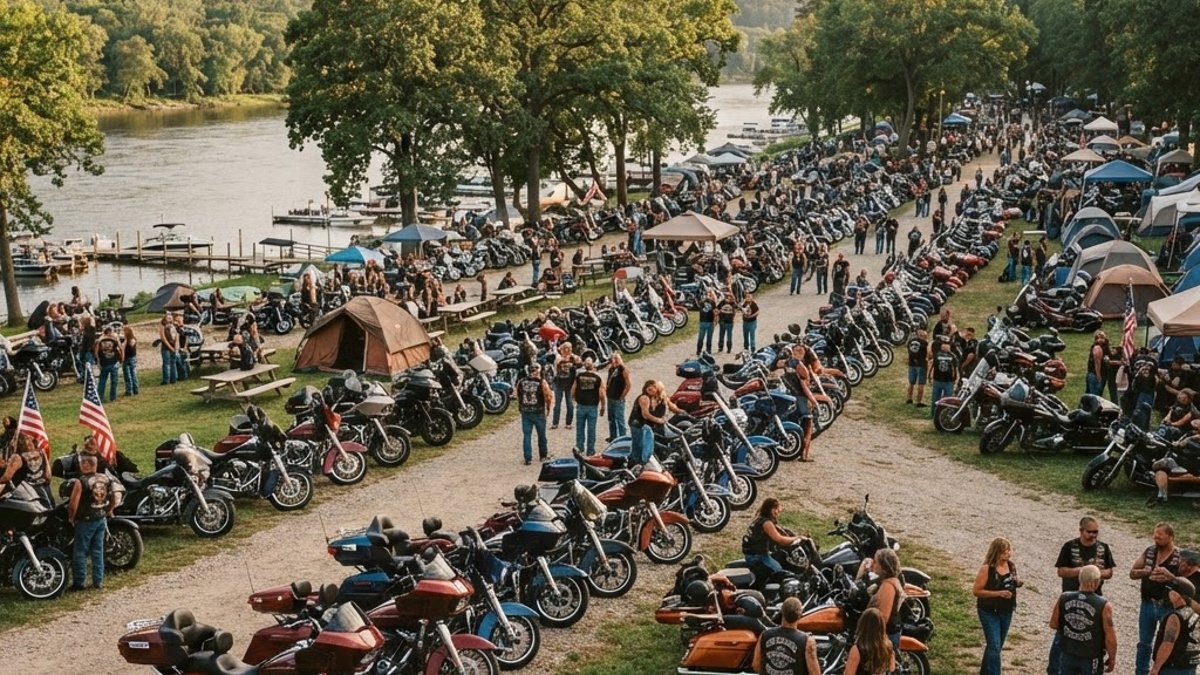 Large gathering of American bagger motorcycles parked in formation at a riverside campground rally in Wisconsin
