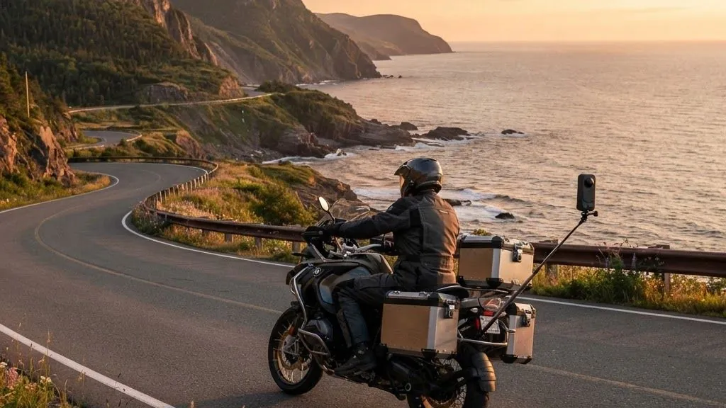Insta360 360 camera mounted on motorcycle selfie stick during touring ride