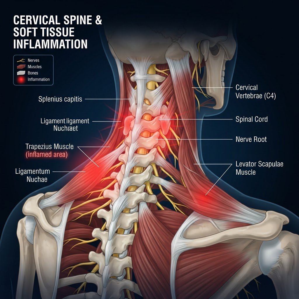 Medical illustration showing soft tissue inflammation in the neck and shoulder area