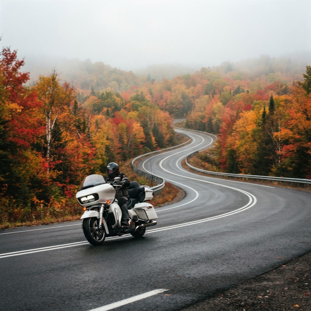 White touring motorcycle on Highway 28 through Algonquin Park Ontario