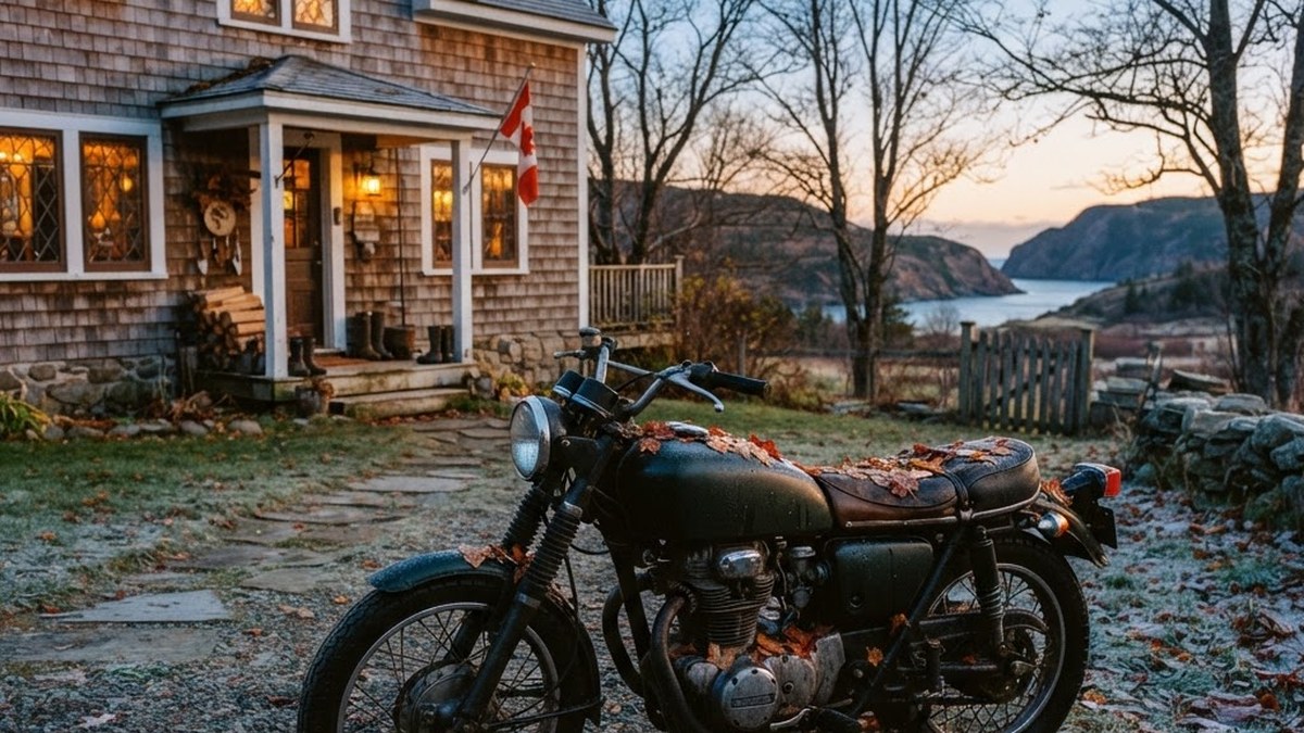 Motorcycle outside Canadian home in late autumn, AI illustration