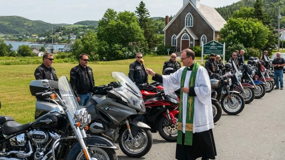 Motorcycles gathered at a community riding event with riders preparing for a group ride