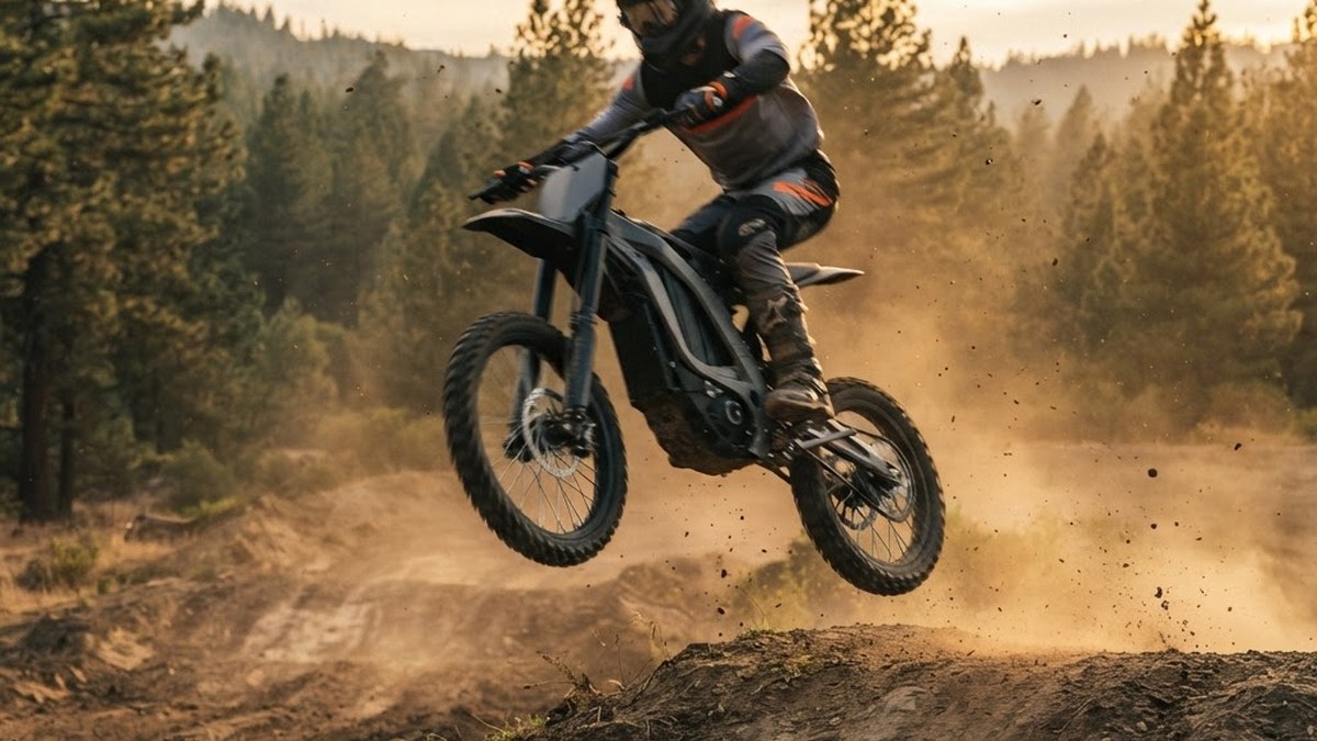 Electric off-road motorcycle mid-jump on a dirt track