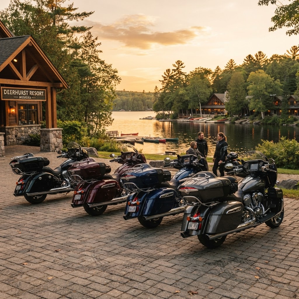 Group of Indian touring motorcycles parked at a resort in Muskoka Ontario at golden hour