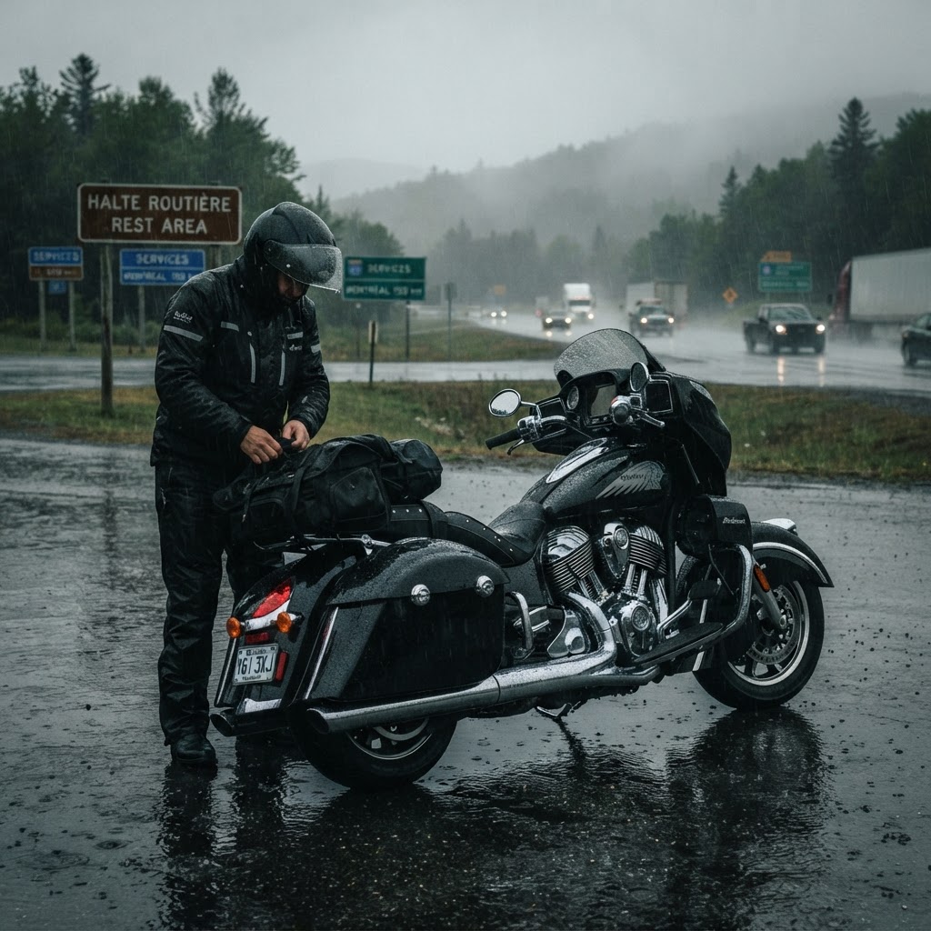 Indian Pursuit parked at a rainy Quebec highway rest stop during the ECIC trip