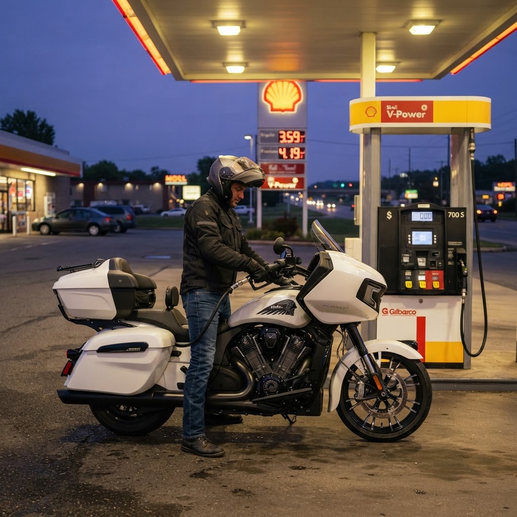 Motorcycle on open highway stretching into the distance