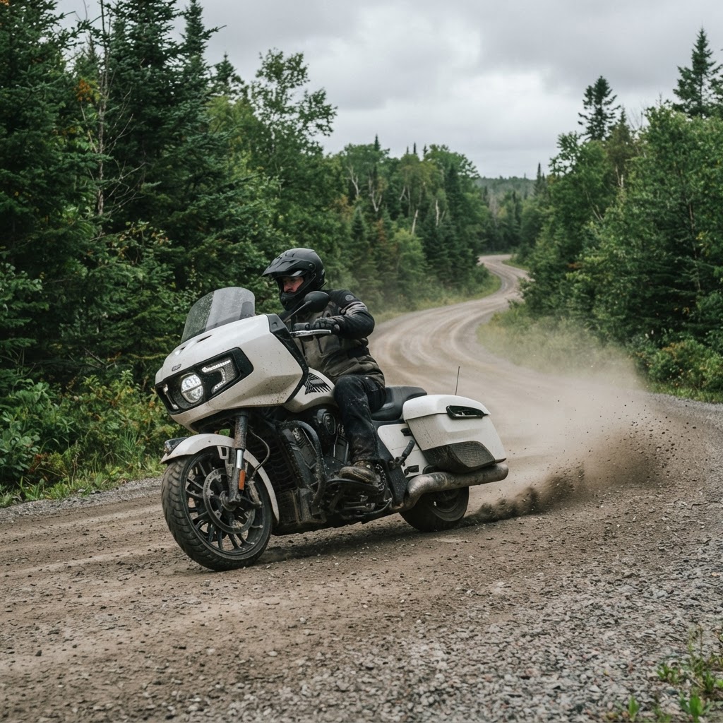 Cruiser motorcycle on gravel road in New Brunswick