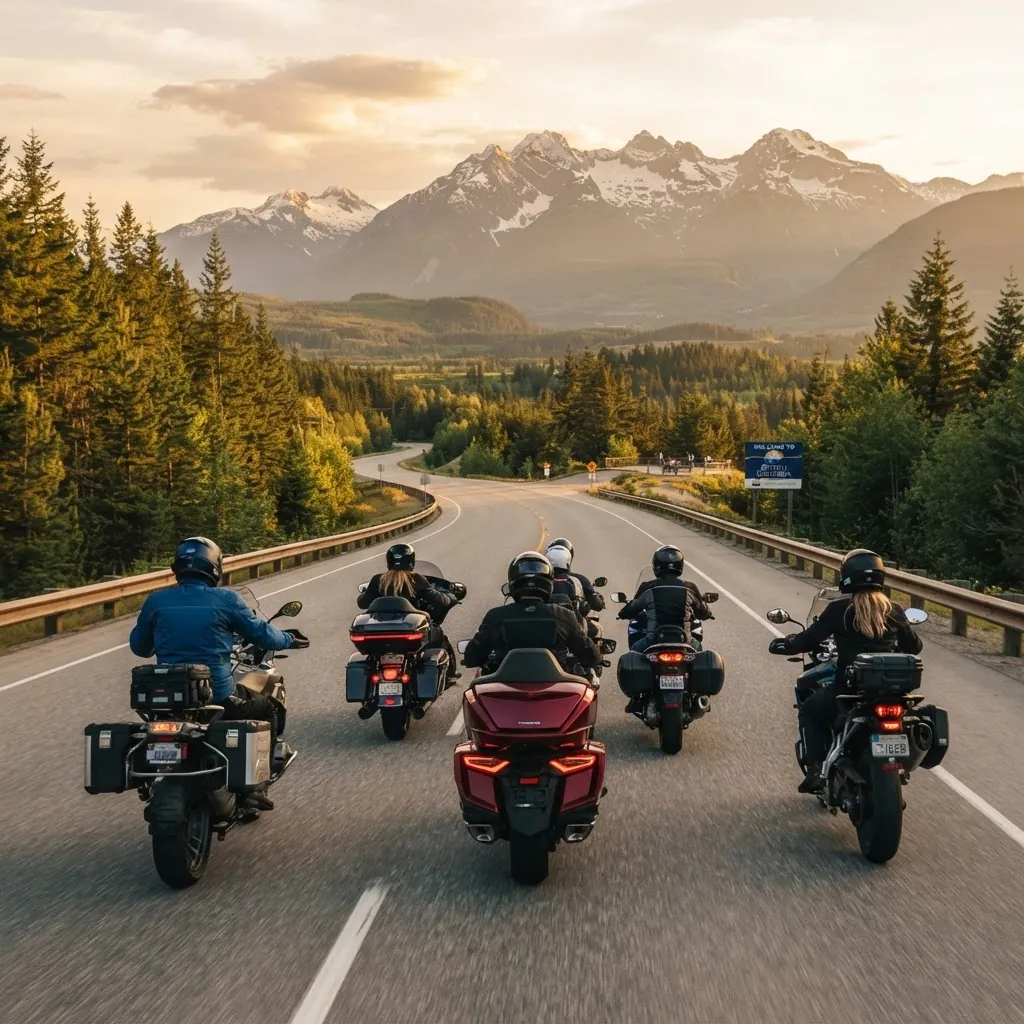 Group of touring motorcycles riding together on Canadian highway
