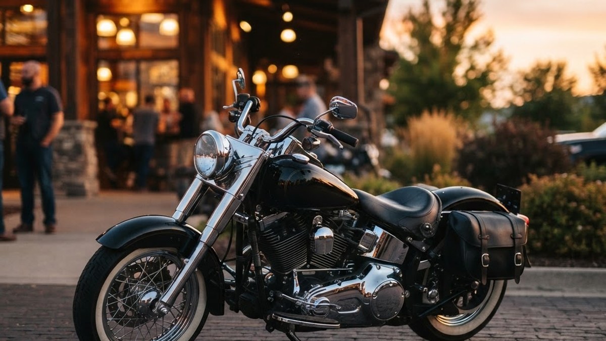 V-twin cruiser motorcycle outside a dealership at golden hour