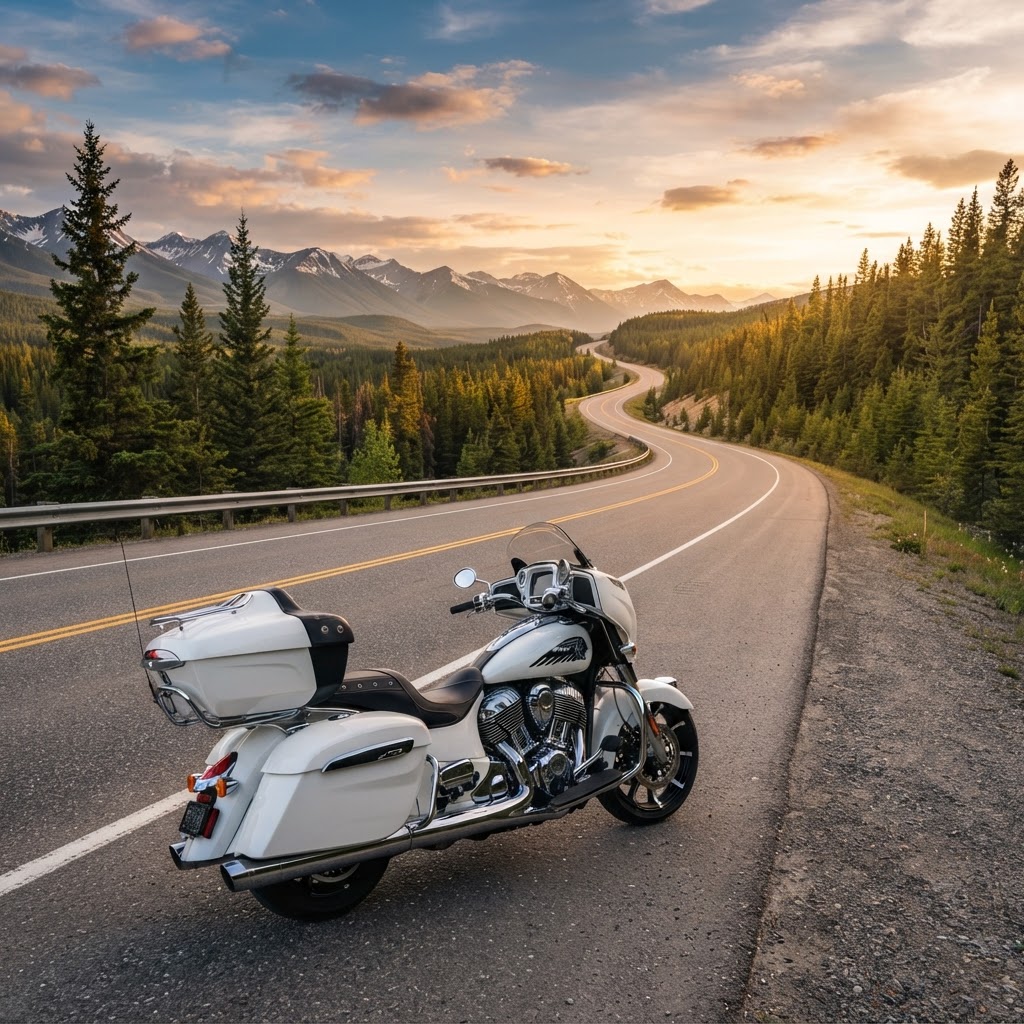 2024 Indian Pursuit Dark Horse Icon white touring motorcycle on Canadian highway