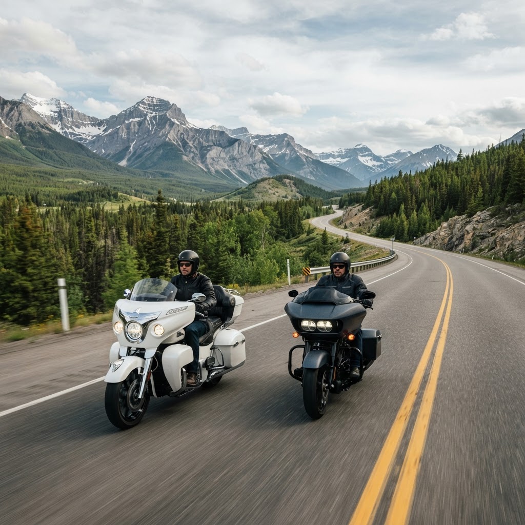 Large touring baggers on open Canadian highway comparing riding comfort