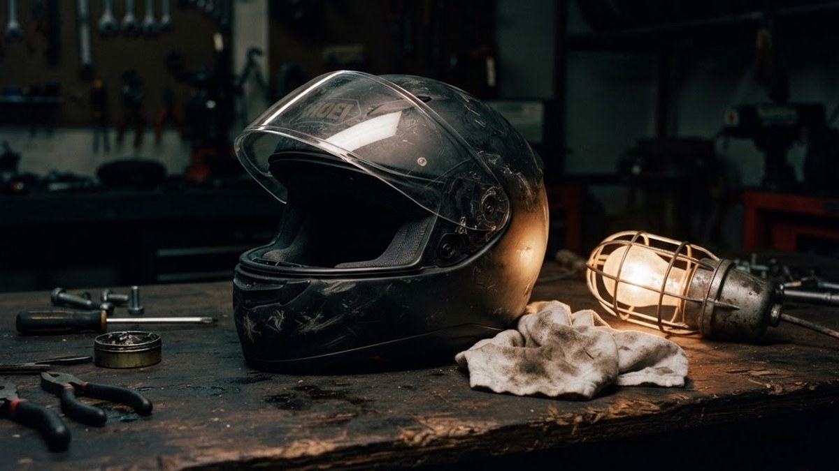 Well-used full-face motorcycle helmet on a workbench under inspection light
