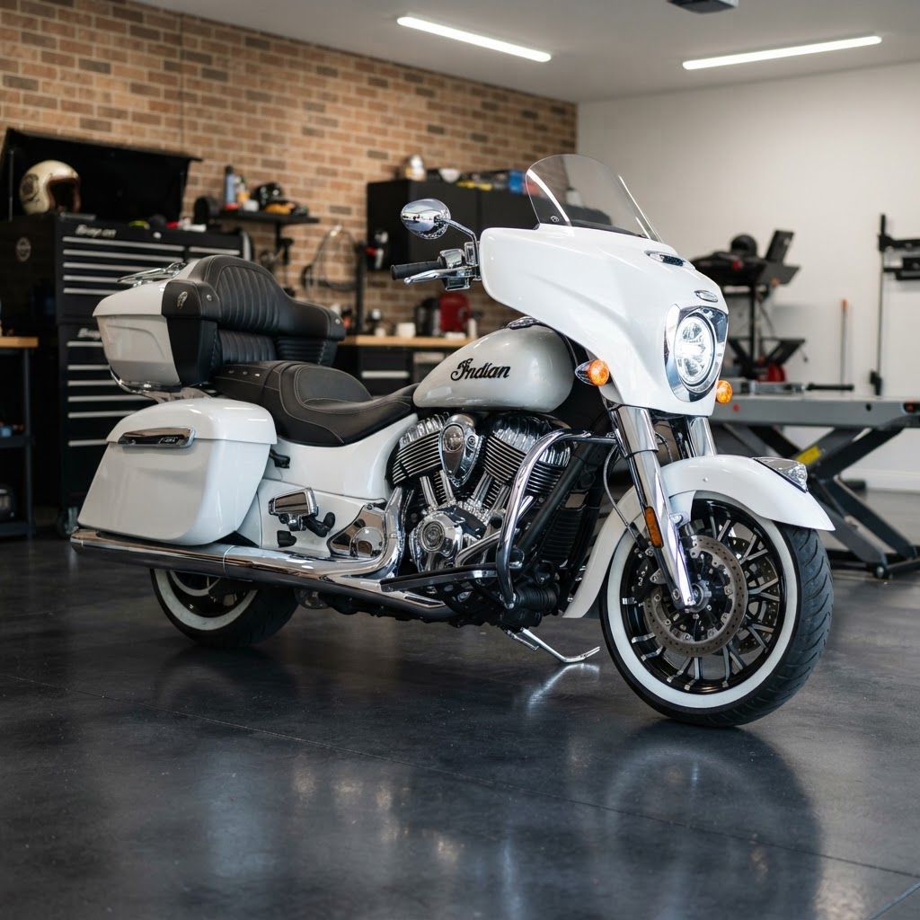 Indian Pursuit PowerPlus motorcycle fully cleaned and detailed, parked on New Brunswick backroad
