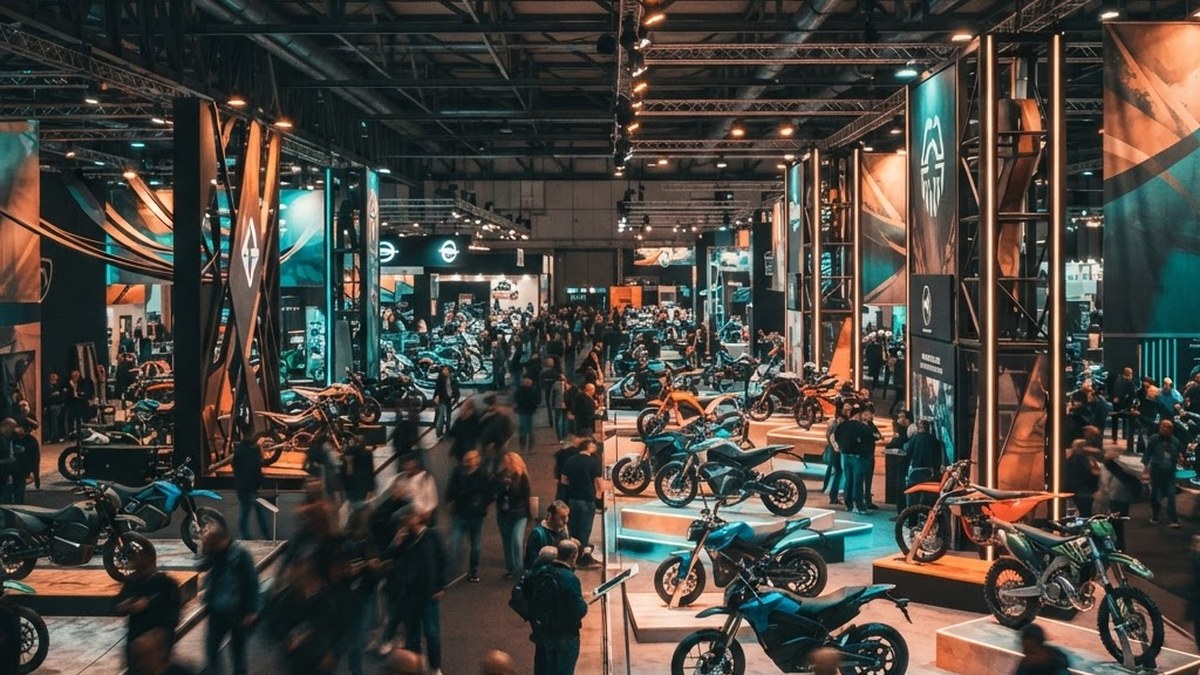 Motorcycle trade show hall in Milan with electric bikes on display, AI illustration