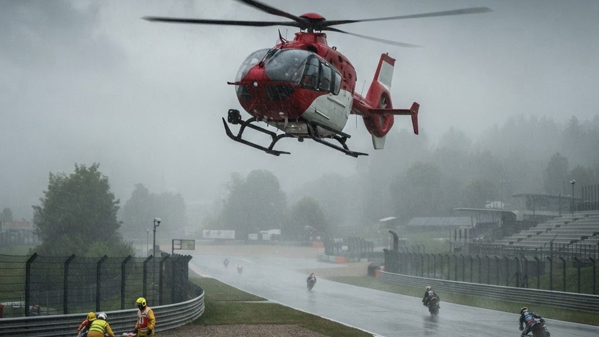 Medical helicopter near a circuit in fog, AI illustration