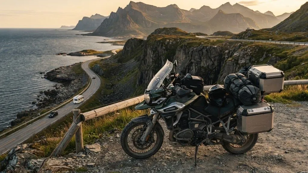 Large adventure touring motorcycle above a coastal road