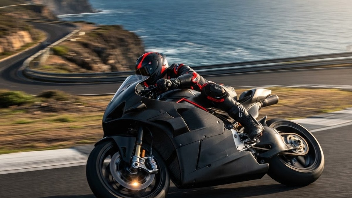 MotoGP prototype racer on a coastal circuit, AI-generated editorial illustration