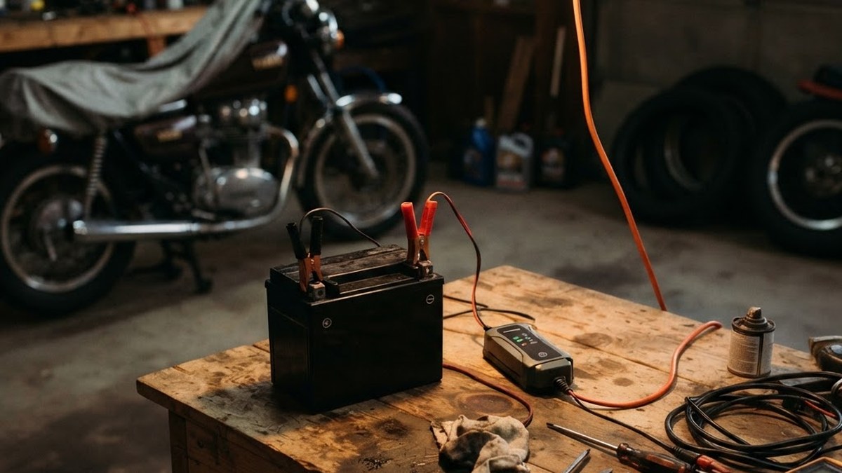 Motorcycle battery on maintainer, AI illustration