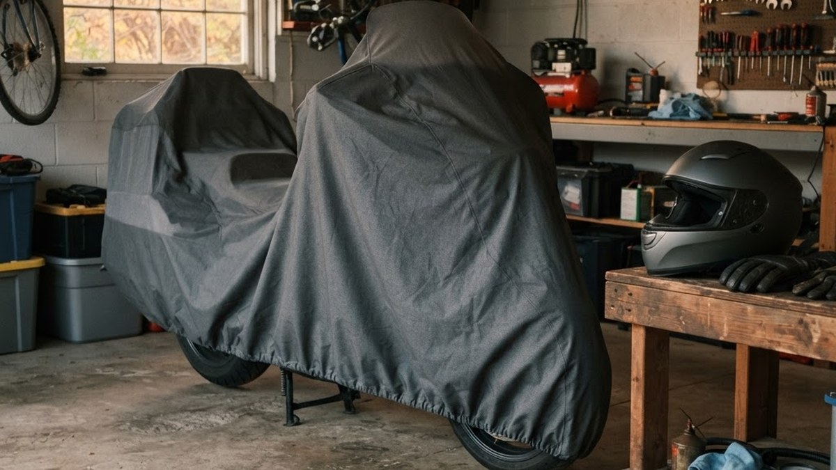 Covered motorcycle in a garage, AI illustration