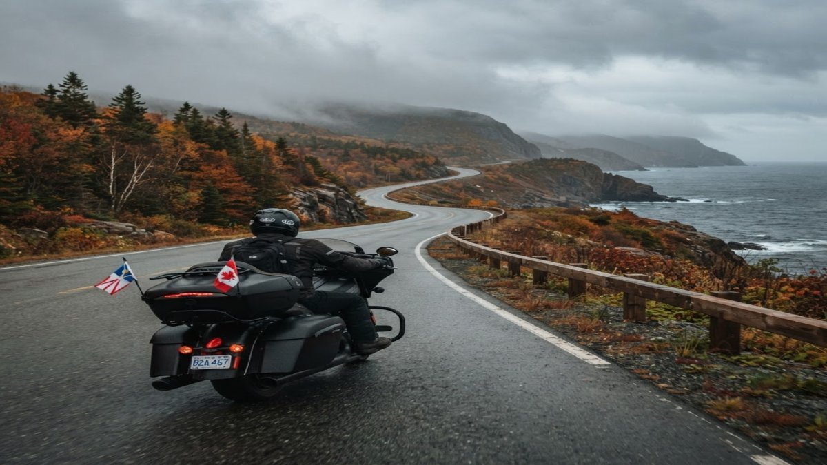 Motorcycle touring in cool fall weather in Atlantic Canada