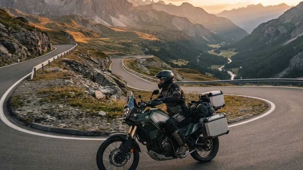 Middleweight adventure motorcycle on a mountain road
