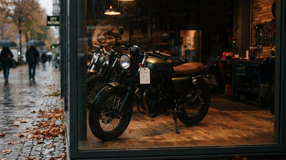 Motorcycle in a dealership window in November, AI illustration