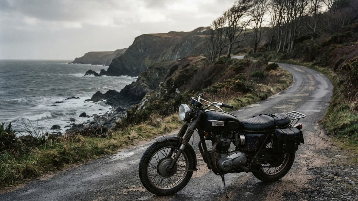 Motorcycle on a cold late-autumn coastal road