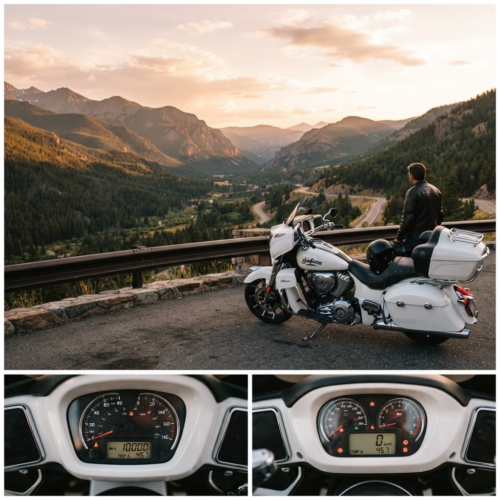 2024 Indian Pursuit white touring motorcycle at scenic overlook