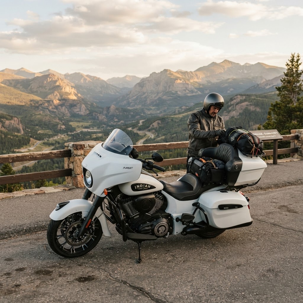 Large American touring cruiser motorcycle on Atlantic Canada highway