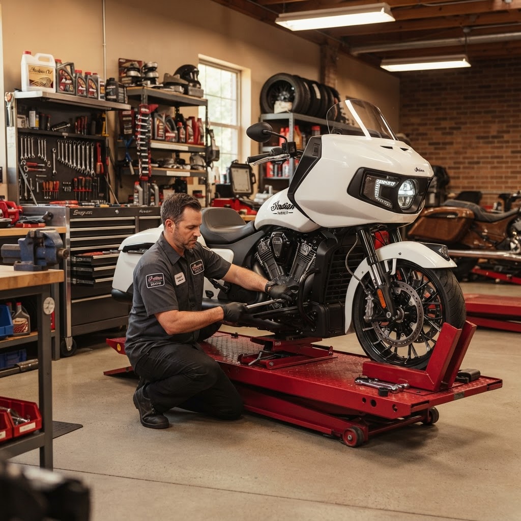 Indian Pursuit motorcycle in garage — maintenance and service