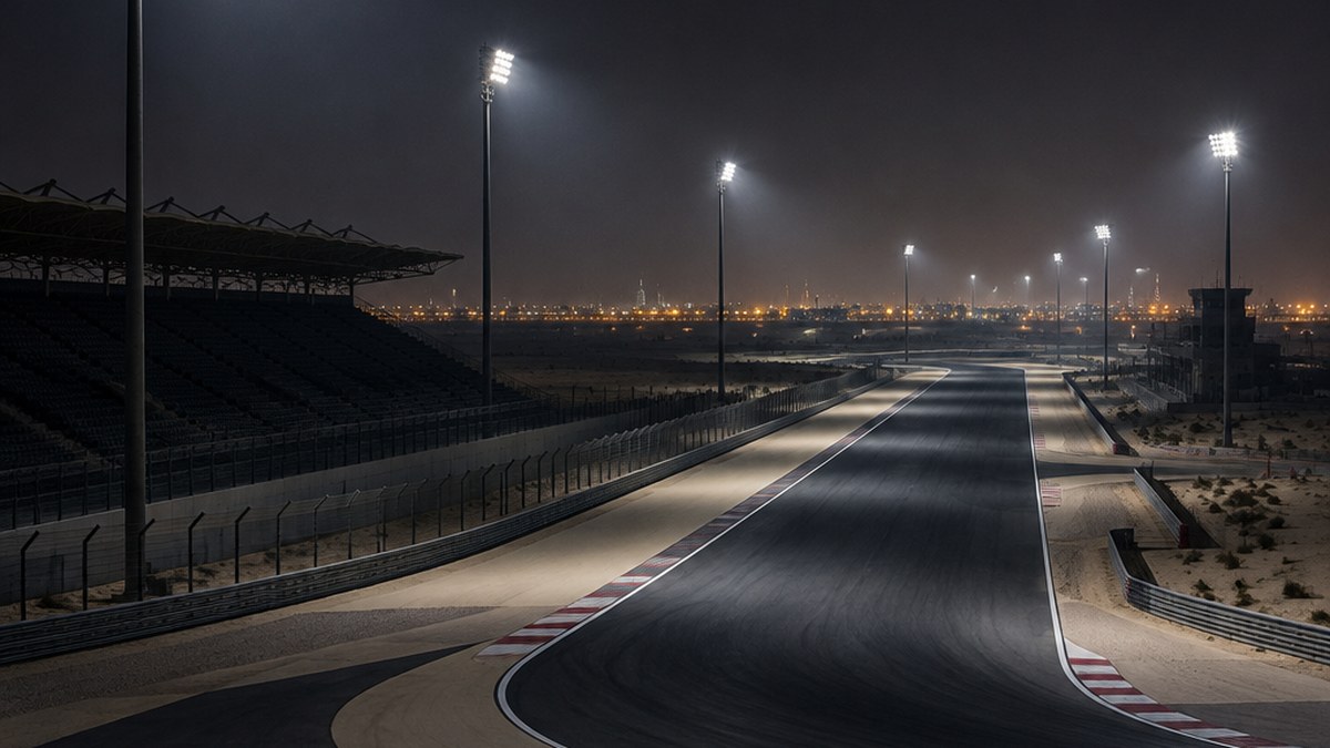 Floodlit desert grand prix circuit at night with empty grandstands