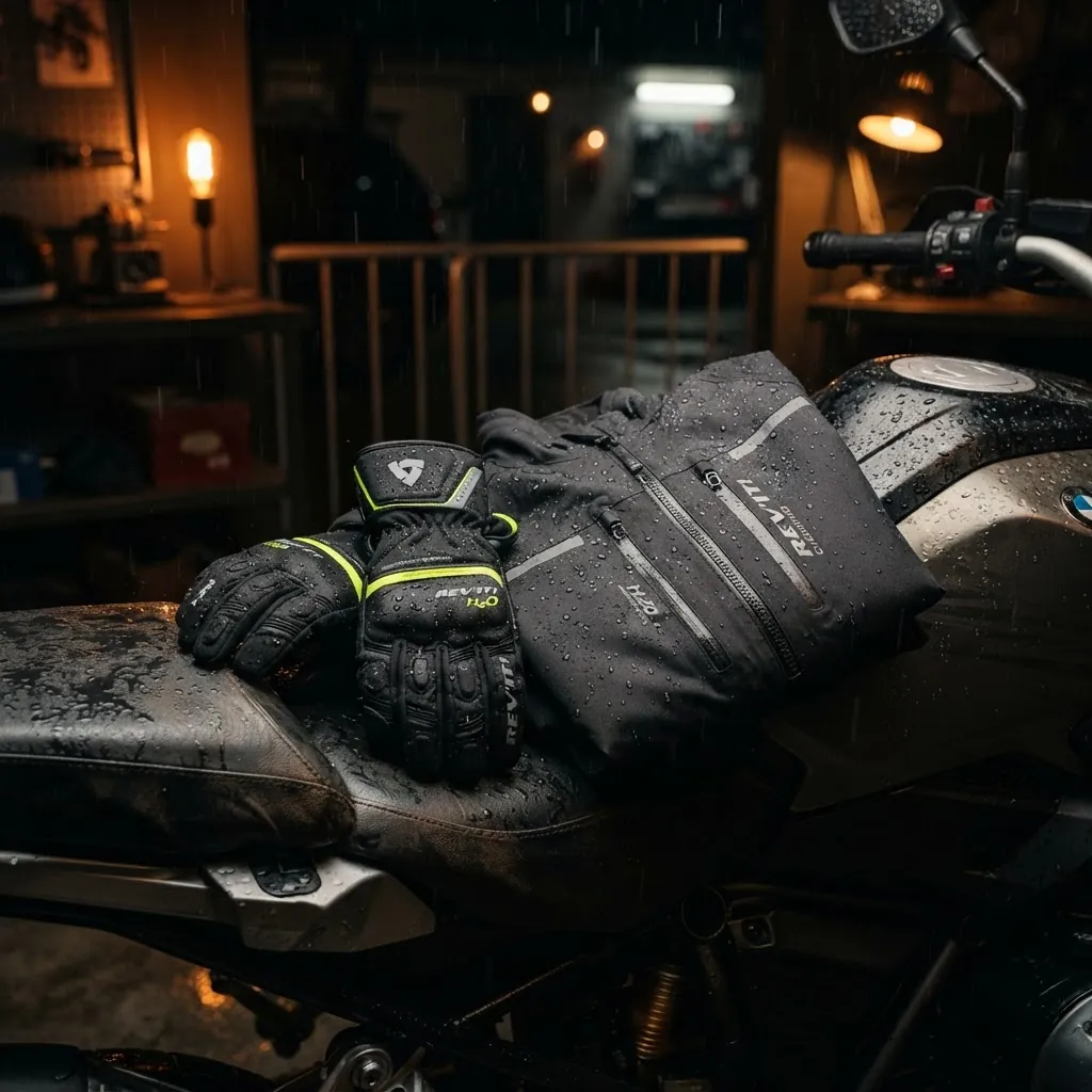 Waterproof motorcycle rain gloves and rain suit laid out on a motorcycle seat