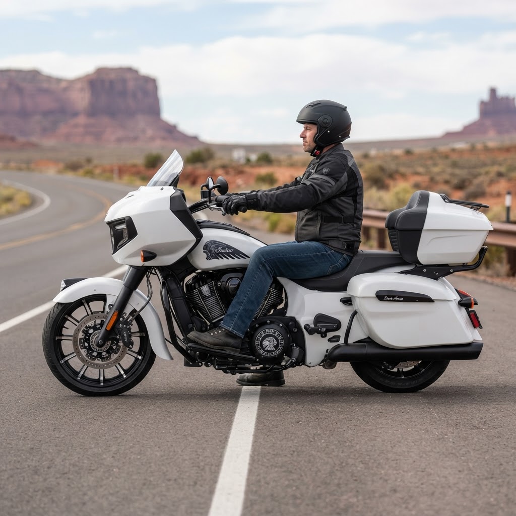 Motorcycle rider on Indian Pursuit demonstrating proper touring posture on New Brunswick highway