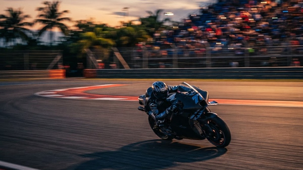 MotoGP motorcycle cornering on a tropical circuit