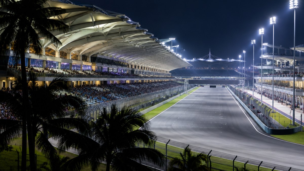 Floodlit MotoGP circuit at night in Malaysia