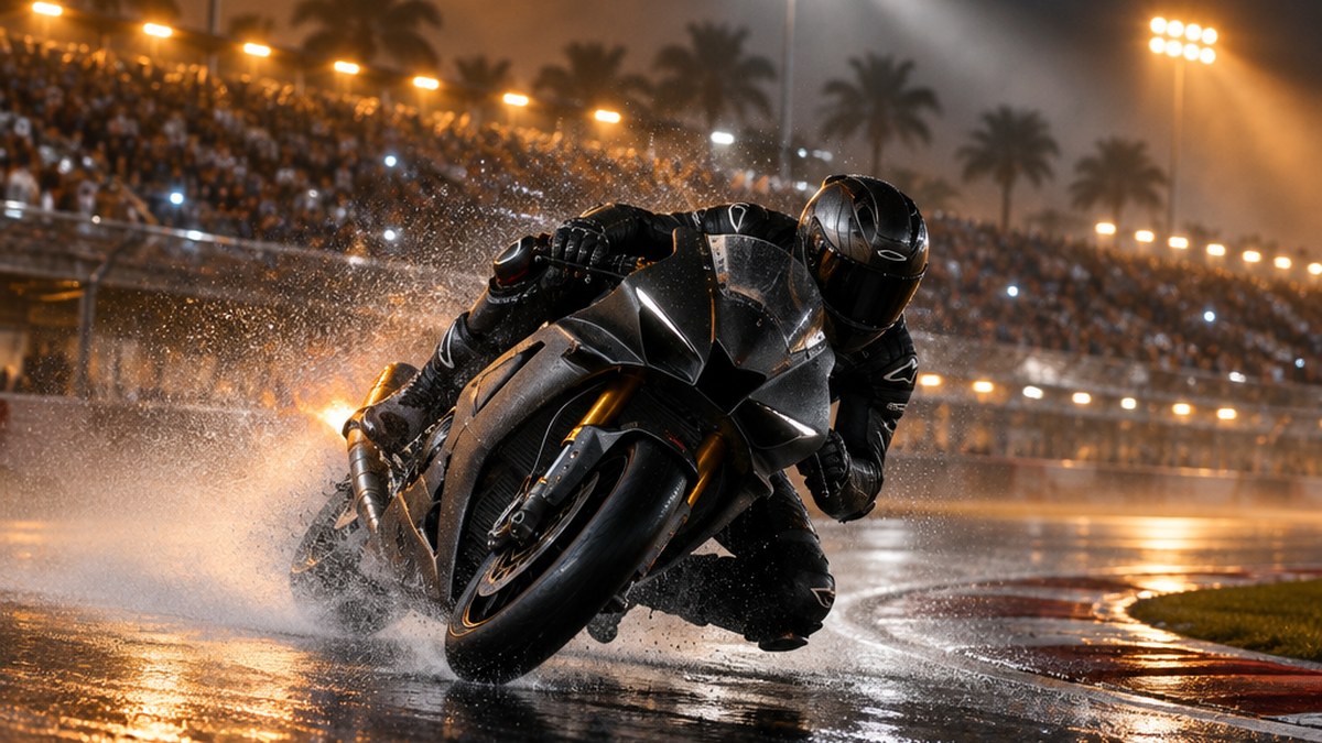 Grand prix motorcycle leaned into a wet corner under floodlights