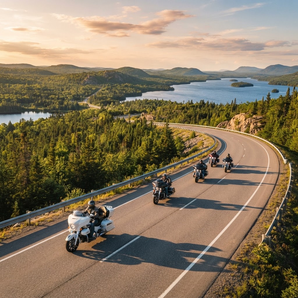 Group of touring motorcycles on a Canadian highway