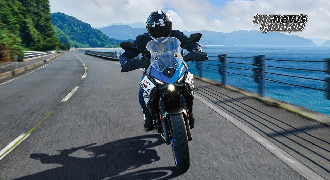 2027 Suzuki SV-7GX sport crossover motorcycle in Pearl Brilliant White and Metallic Triton Blue with 645cc V-twin engine