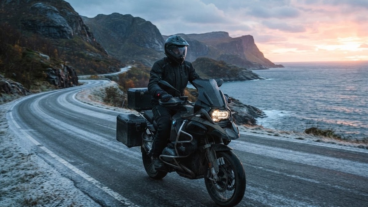 Late-season motorcycle rider in cold-weather gear, AI-generated editorial illustration