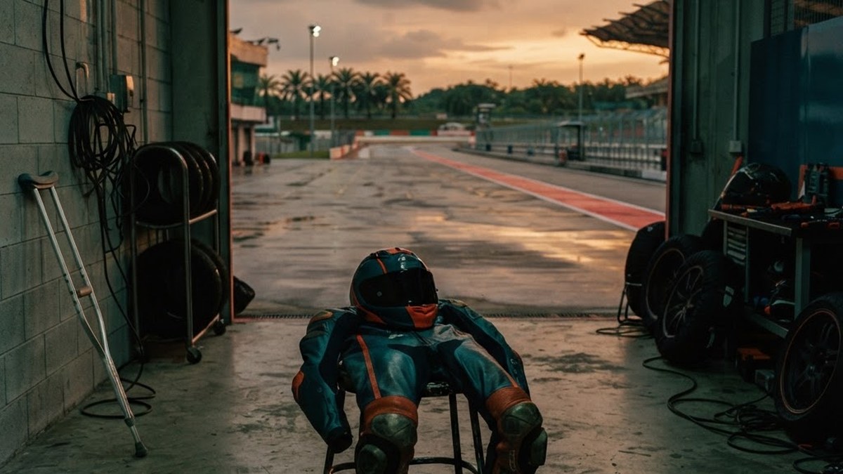 Empty MotoGP pit garage with leathers and a crutch, AI illustration