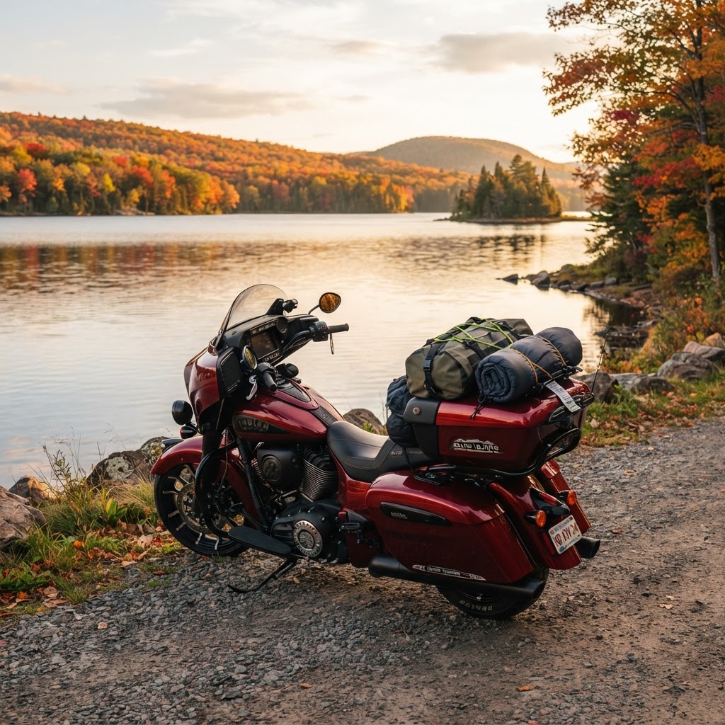 Indian Pursuit heavily loaded with touring gear parked by a lake in New Brunswick