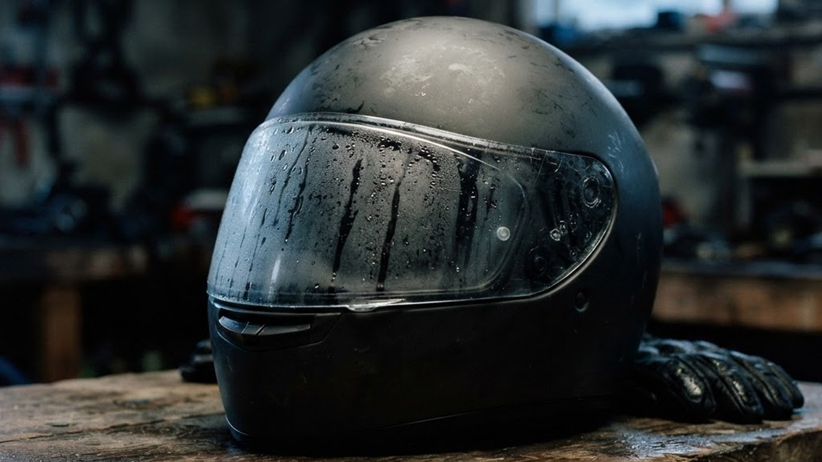 Motorcycle helmet with a fogged visor