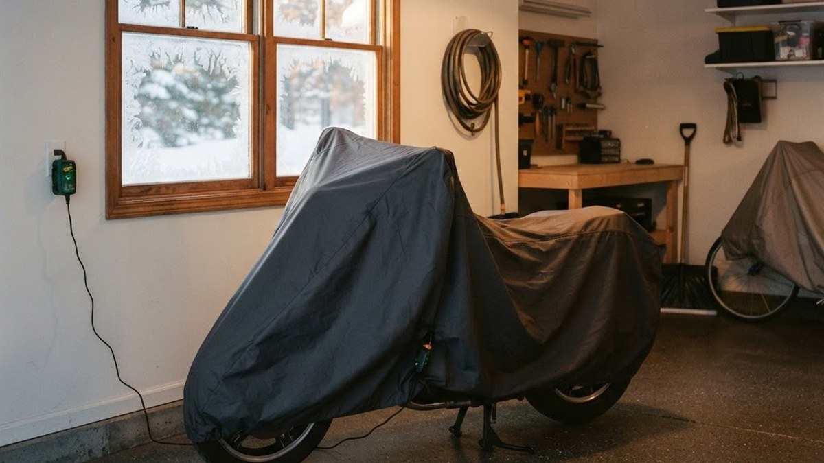 Covered motorcycle in winter garage storage