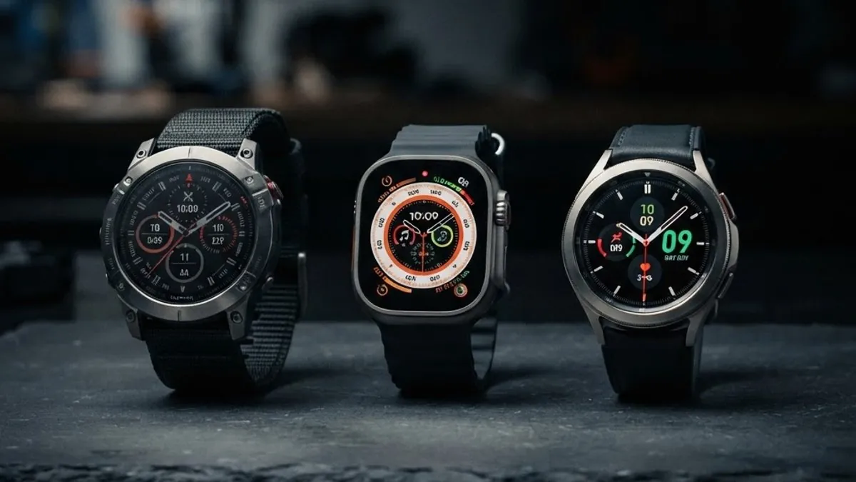 Three premium smartwatches arranged on dark surface representing Garmin Fenix 8, Apple Watch Ultra 3, and Samsung Galaxy Watch8 comparison for 2026
