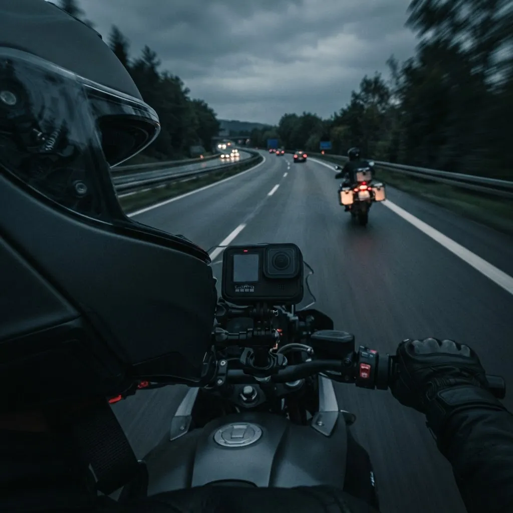 Action camera mounted on motorcycle helmet