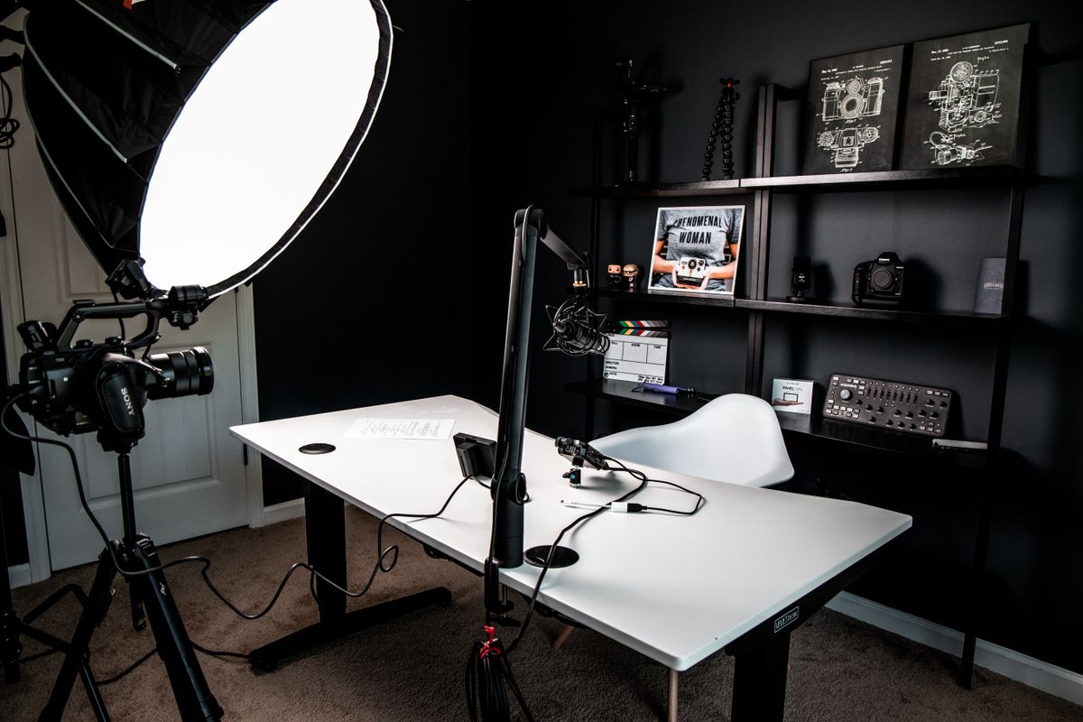 AI content creation workspace with laptop and editing software