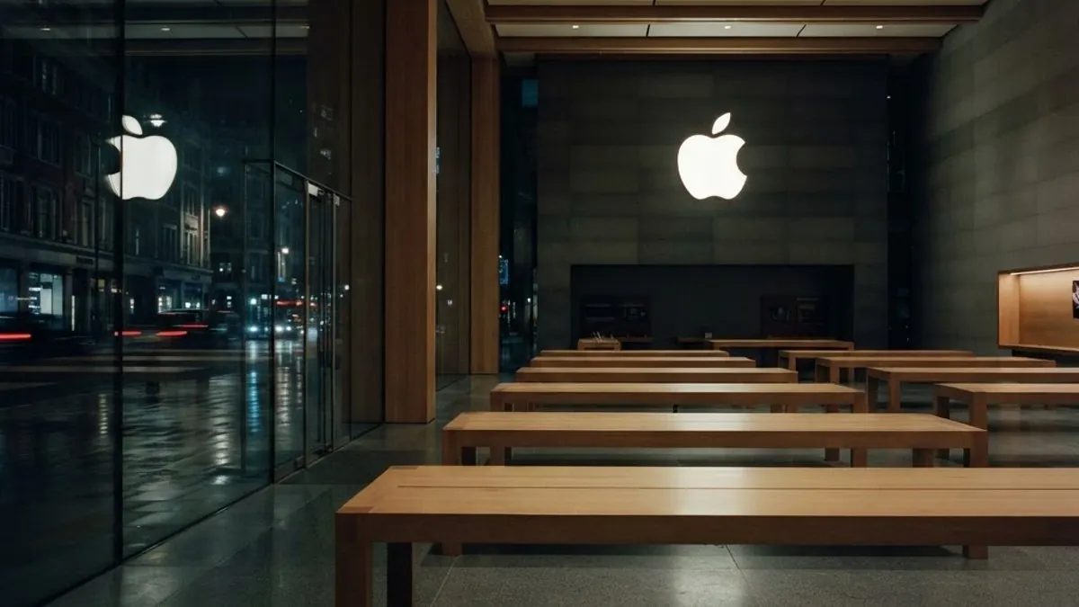 Empty Apple Store interior with minimalist wooden tables and glowing Apple logo, representing the evolution of Apple retail
