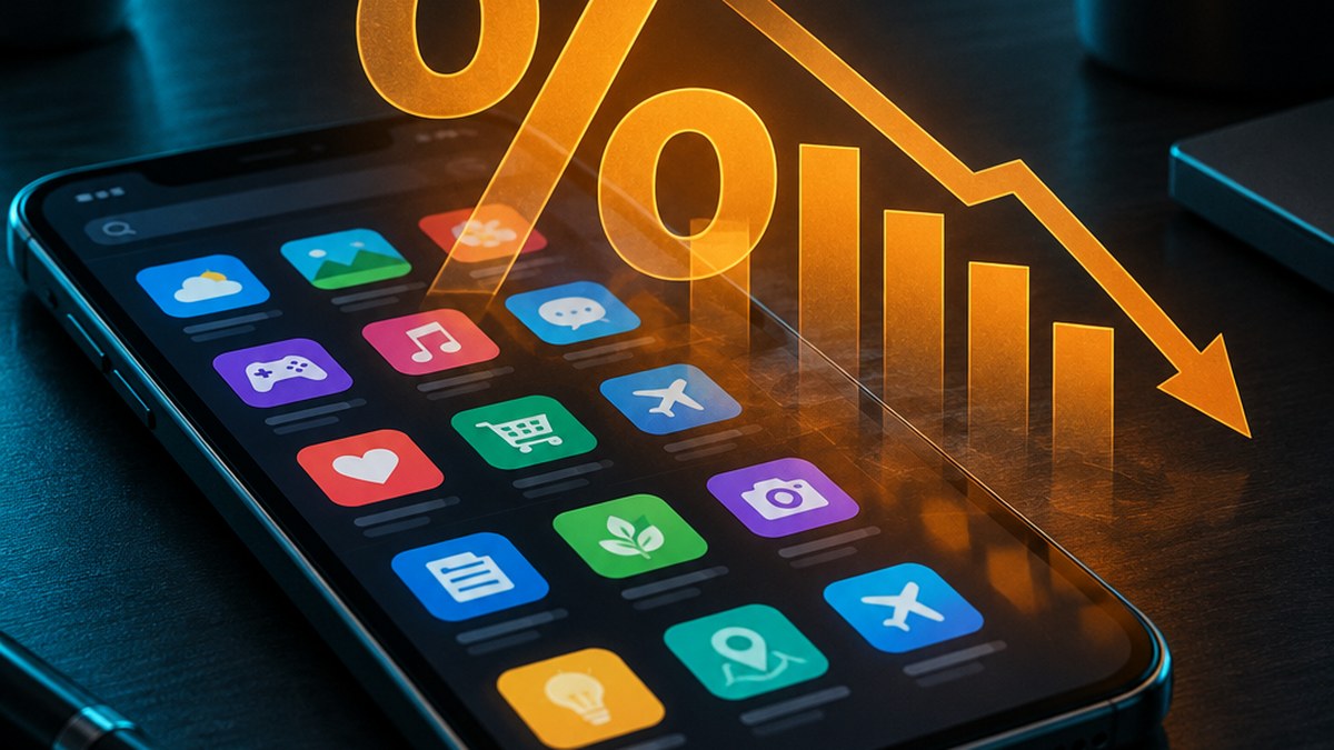 Smartphone showing an app store grid with a falling percentage symbol