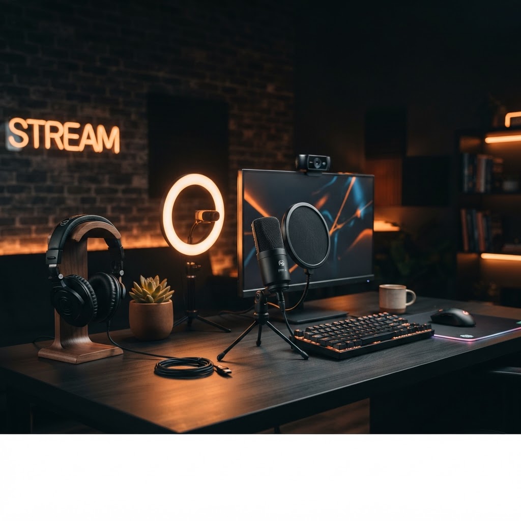 Budget streaming gear setup with webcam, microphone, ring light, and headphones